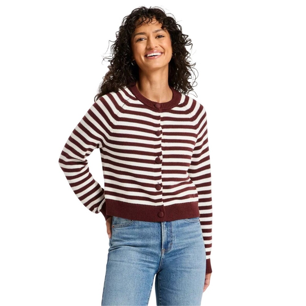 Universal Thread Women's Maroon Striped Button Front Cardigan Sweater Size Small